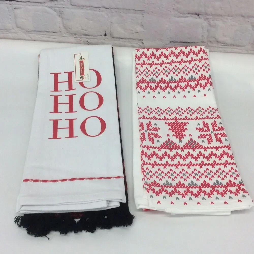 Merry Christmas Holiday Theme 4 Pc Kitchen Tea Towel Set Red/Black/White Cotton